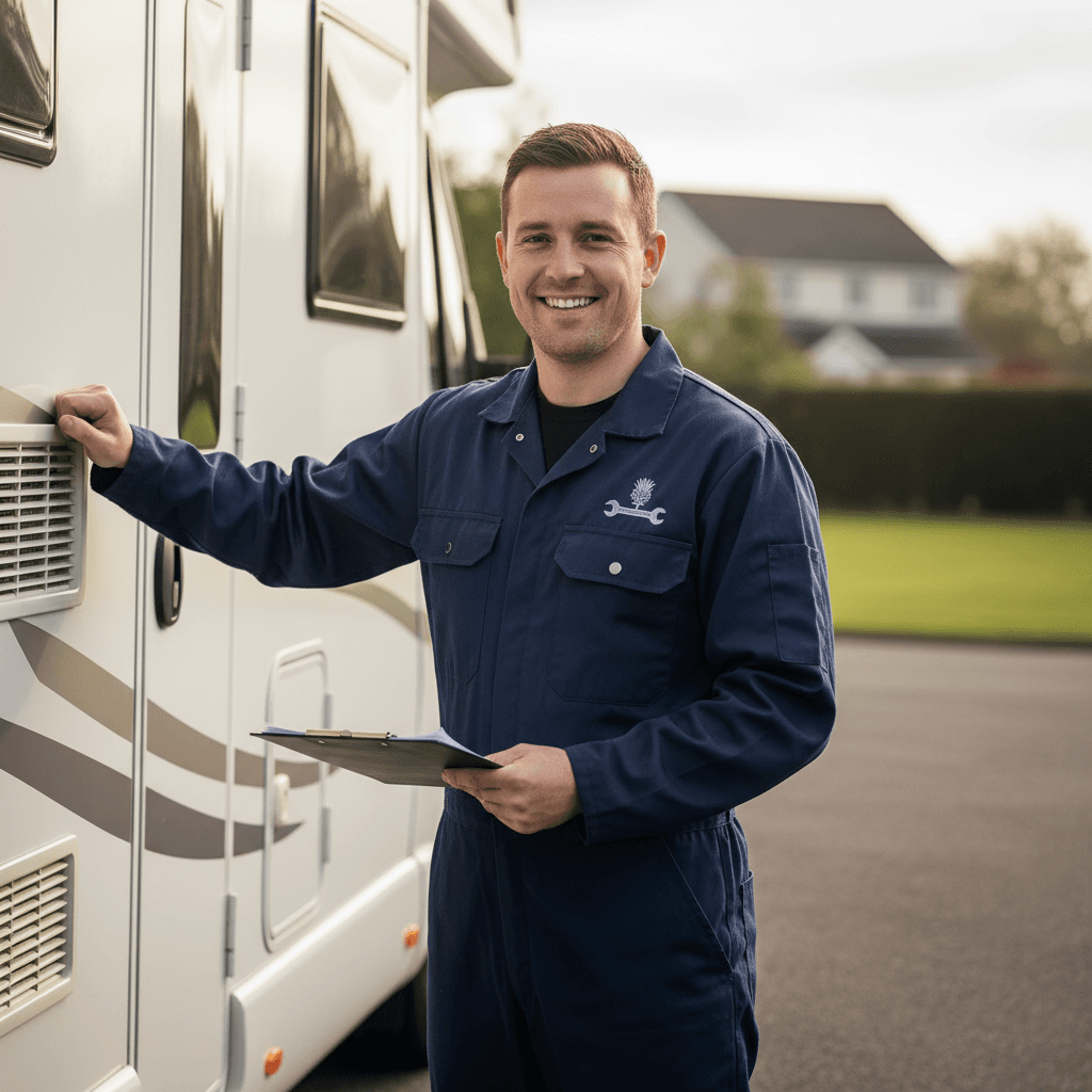HabCheck Scotland engineer smiling next to a motorhome